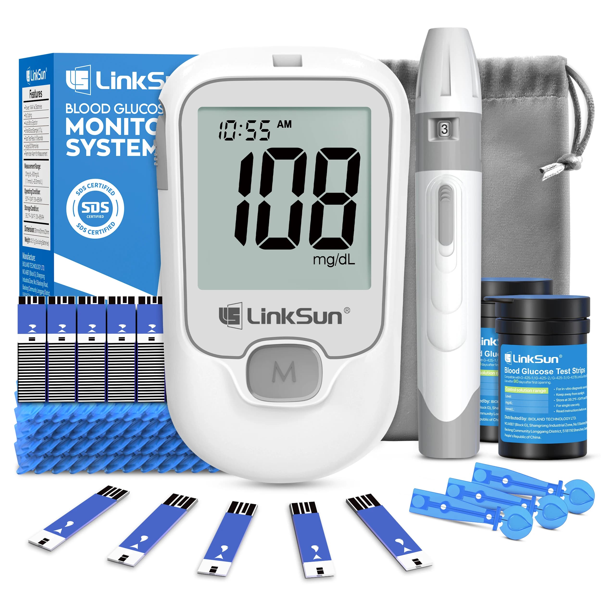 Medidor de glucosa en sangre LinkSun G-425-1, 50/100 Uds., tiras reactivas y lancetas, prueba médica de glucosímetro para Diabetes, medidor de glucosa en sangre